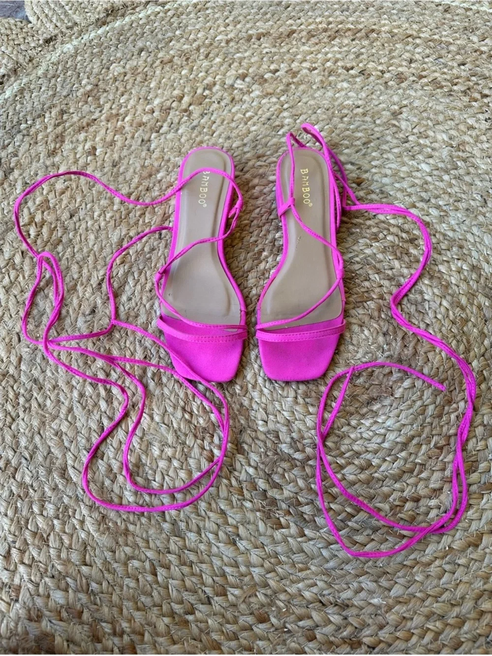 BAMBOO Hot Pink Lace-Up Square Toe Sandals